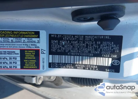 2012 Toyota Camry Hybrid Xle z USA, uszkodzony, nr VIN 4T1BD1FK1CU051589